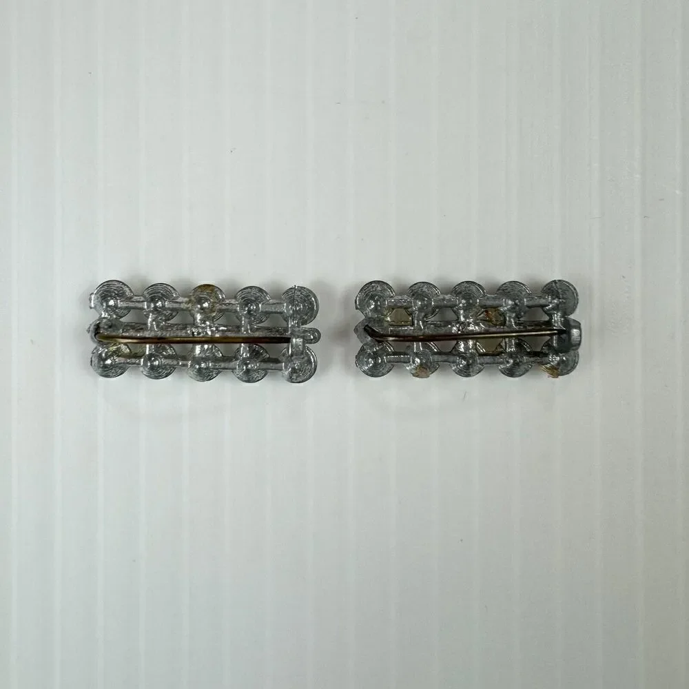 Vintage Small Brooch Bar Set Silver Tone Clear Rhinestones Double Row Costume